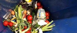 Weggeschmissene Lebensmittel liegen in einer Mülltonne.