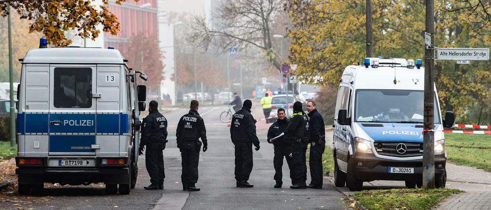Polizisten stehen zwischen Polizeiwagen an einer abgesperrten Straße in Hellersdorf.