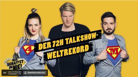 Die beiden Moderatoren Ariane Alter und Sebastian Meinberg (re.) wollen den Weltrekord im Dauertalken brechen. Hinter der Aktion steht Channel-Betreiber Marc.