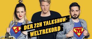Die beiden Moderatoren Ariane Alter und Sebastian Meinberg (re.) wollen den Weltrekord im Dauertalken brechen. Hinter der Aktion steht Channel-Betreiber Marc.
