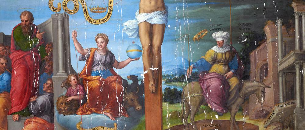 Sebastiano Filippi, gen. Bastianino, Lebendes Kreuz von Ferrara, um 1570, Detail während der Restaurierung.
