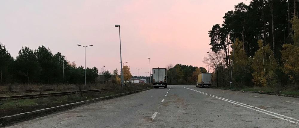 Die Gleise führen durch den Wald ins Gewerbegebiet hinein