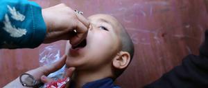 Der 3-jährige Moheburrahman aus Afghanistan bekommt die Polio-Schluckimpfung.