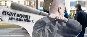 Ein Aufsteller macht in Berlin auf die Gewalt von Rechten aufmerksam.
