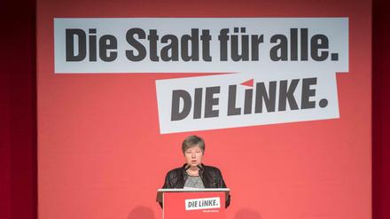 Stadtentwicklungssenatorin Katrin Lompscher spricht auf dem Landesparteitag der Linken. 