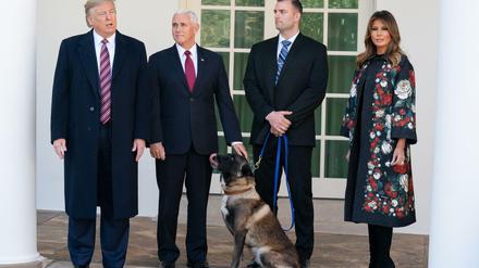 US-Präsident Donald Trump ehrte am Montag Schäferhund Conan vor dem Weißen Haus.