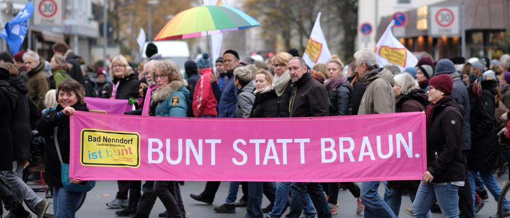 Teilnehmer einer Gegendemonstration des Bündnisses „Bunt statt Braun“ in Hannover.
