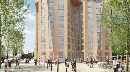 Verdrehte Fassade. Das geplante Hochhaus Alexanderplatz hat Frank Gehry entworfen. Der Blick geht in Richtung Karl-Marx-Allee.