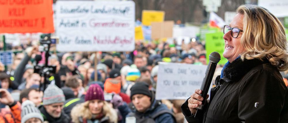 Svenja Schulze (SPD), Bundesumweltministerin, spricht bei einer Protestaktion von Bauern gegen das Agrarpaket der Bundesregierung vor dem Brandenburger Tor.