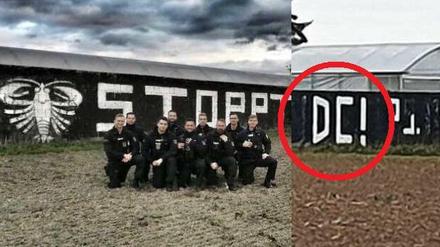 Neun Polizisten posierten vor einer von Rechtsextremen beschmierten Wand. Dort hinterließen sie auch rechte Symbole.