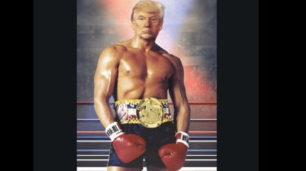 US-Präsident Donald Trump auf dem Rumpf von Sylvester Stallone.