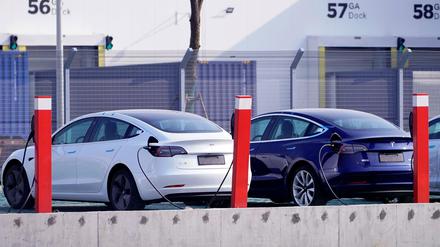 Tesla-Autos vor der Gigafactory in Shangai.