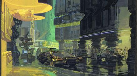 Megalopolis bei Nacht: Die ikonische Gouache-Zeichnung "Downtown Cityscape" für das Setdesign von „Blade Runner“. 