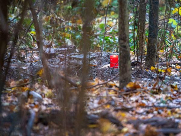 Der Fundort der Leiche: Ein Grablicht steht an einer Grube in dem Waldstück in Duisburg.
