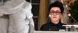 Die polnische Schriftstellerin Olga Tokarczuk beim Halten ihrer Nobel-Lecture am Samstag in der Schwedischen Akademie 