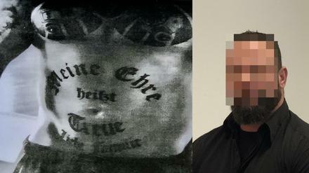 Der SS-Spruch als Tattoo auf dem Oberkörper des Angeklagten.