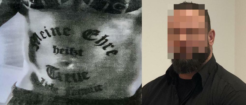 Der SS-Spruch als Tattoo auf dem Oberkörper des Angeklagten.