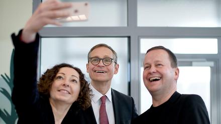Der Regierende Bürgermeister Michael Müller, Wirtschaftssenatorin Ramona Pop (Grüne) und Kultursenator Klaus Lederer (Linke). 