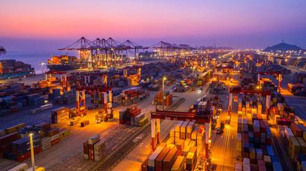 Containerbrücken und Container stehen im Hafen Yangshan in der Freihandelszone von Lin Gang.
