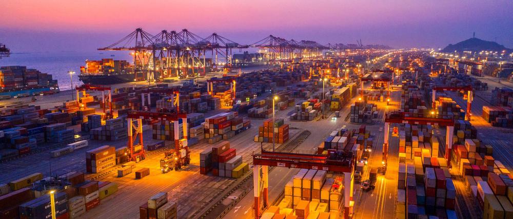 Containerbrücken und Container stehen im Hafen Yangshan in der Freihandelszone von Lin Gang.