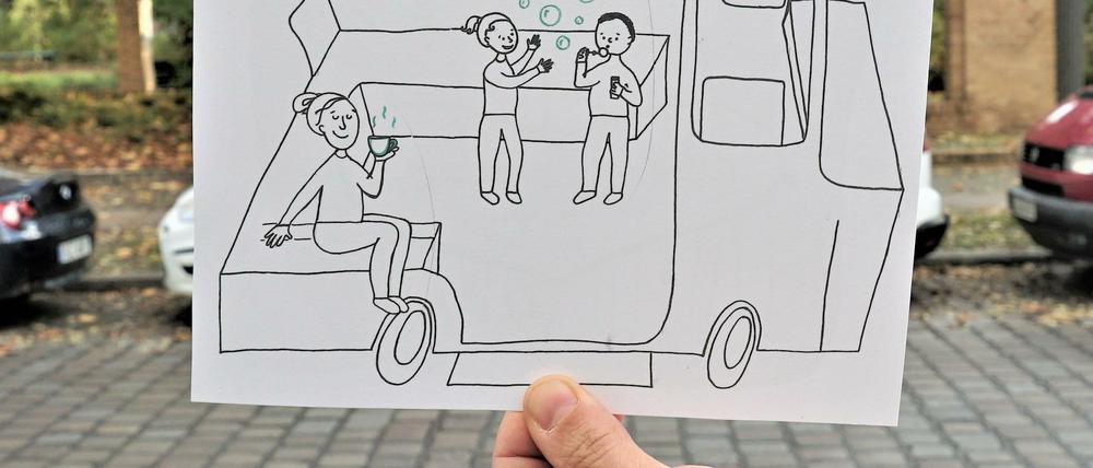 Skizze eines so genannten Freiraumwunders im Kaskelkiez in Berlin-Lichtenberg. Ein hölzernes Gefährt als Parklet.