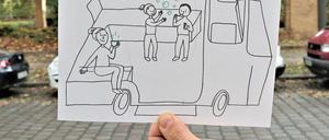 Skizze eines so genannten Freiraumwunders im Kaskelkiez in Berlin-Lichtenberg. Ein hölzernes Gefährt als Parklet.
