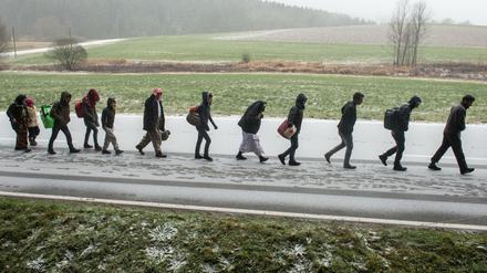 Flüchtlinge gehen an der deutsch-österreichischen Grenze während eines Schneeschauers nach Deutschland. 