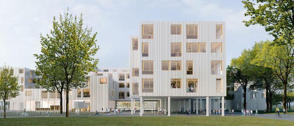 Auch an der Allee der Kosmonauten in Lichtenberg baut die Howoge eine Sekundarschule und ein Gymnasium. Die Entwürfe stammen vom Büro PPAG Architects.