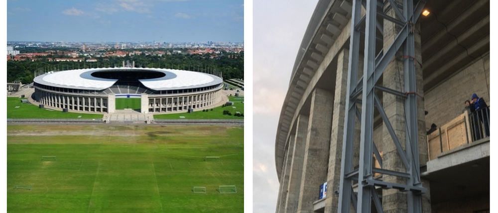 Links das Stadion mit seinen 130 Säulen - rechts das schwere Stahlstütze, die einen Pfeiler stützt. Tagesspiegel-Fotochef Kai-Uwe Heinrich machte sofort ein Foto.