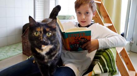 Jung und Alt. Fips (9) liest Katze Mausi (7) vor – gekuschelt wird auch. 