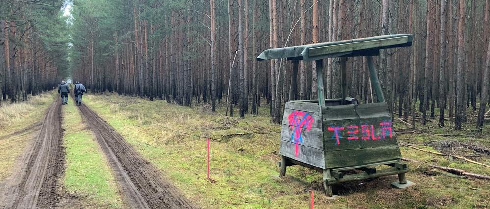 Auf dem Waldgrundstück der Gemeinde Grünheide (Landkreis Oder-Spree), wo Tesla die "Giga-Factory 4" bauen will, herrschte am Montag Hochbetrieb. Firmen zur Kampfmittelbeseitigung rückten an. Ein Tesla-Fan hat einen verwitterten Jäger-Posten mit Schriftzug und Logo des Elektroautobauers verziert.