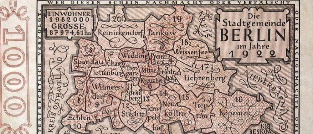 Notgeld 1922. Millionenstadt. Darstellung von Groß-Berlin auf einem 1000-Mark-Schein von 1922. 