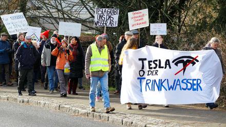 Die Demonstranten gegen Tesla marschierten durch Grünheide. 