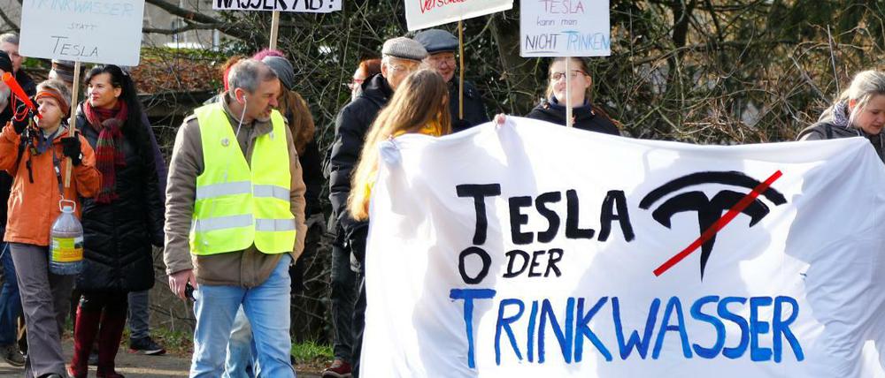 Die Demonstranten gegen Tesla marschierten durch Grünheide. 