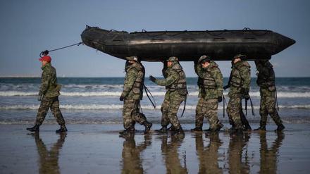 Mit Bürgerbeteiligung. Südkoreanische Freiwillige Mitte Januar bei einer Übung der einheimischen Marines am Strand von Pohang, einer Stadt im Südosten der Insel.