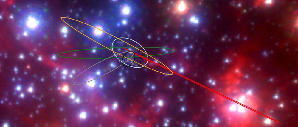 Umlaufbahnen der G-Objekte im Zentrum unserer Galaxie. Das supermassereiche Schwarze Loch ist mit einem weißen Kreuz markiert. Sterne, Gas und Staub sind im Hintergrund.