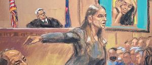 Staatsanwältin Meghan Hast zeigt ein Foto der Klägerin Mimi Haleyi, die 2006 von Weinstein zum Oralsex gezwungen worden sein soll. Vorne im Bild einer der Verteidiger Damon Cheronis. 