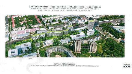 Gartenquartier Lilli-Henoch-Straße. Diese Potentialstudie aus der Feder von Kaspar Kraemer Architekten (KKA) legte Investor Gérôme zur Neugestaltung des Güterbahnhofareals Greifswalder Straße im Juni 2019 vor. 