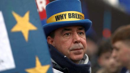 Ein verzagter Brexit-Gegner am Donnerstag vor dem britischen Parlament in London.