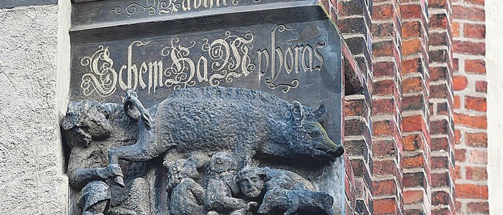 Schwieriges Erbe. Das „Judensau“-Relief in Wittenberg. Foto: Hendrik Schmidt/dpa