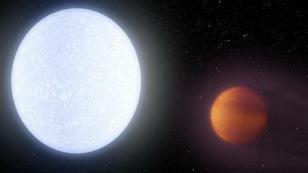 Kelt 9 heißt der Stern (links), Kelt 9b dessen sehr naher und heißer Begleiter. Weil, wie so oft in der Astronomie, beide recht weit weg sind, gibt es keine Fotos. Das sichert allerdings bei der Nasa beschäftigten Künstlern ihren Job. Von einem davon stammt dieses Bild.