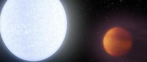 Kelt 9 heißt der Stern (links), Kelt 9b dessen sehr naher und heißer Begleiter. Weil, wie so oft in der Astronomie, beide recht weit weg sind, gibt es keine Fotos. Das sichert allerdings bei der Nasa beschäftigten Künstlern ihren Job. Von einem davon stammt dieses Bild.