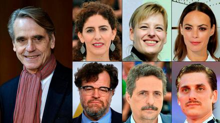 Die Jury der Berlinale 2020: Jeremy Irons (links), Annemarie Jacir, Bettina Brokemper, Berenice Bejo (oben v.l.), Kenneth Lonergan, Kleber Mendonca Filho, Luca Marinelli (unten v.l.).