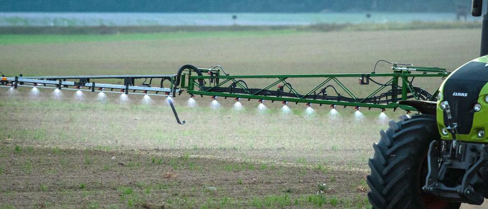 Ein Landwirt fährt in Brandenburg mit einer Pestizid- und Düngerspritze über ein Feld. 
