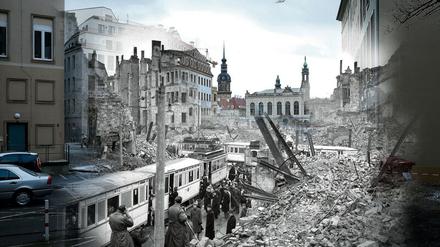 Zerstörung und Wiederaufbau: Die digitale Komposition vermischt ein Bilder der Dresdner Moritzstraße von 1946 und 2015.