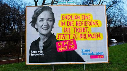 Ein Wahlplakat mit der FDP-Spitzenkandidatin Anna von Treuenfels in Hamburg.