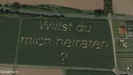 Moderne Technik für eine romantische Geste: Ein Freund programmierte die Sämaschine für den Antrag auf dem Feld.