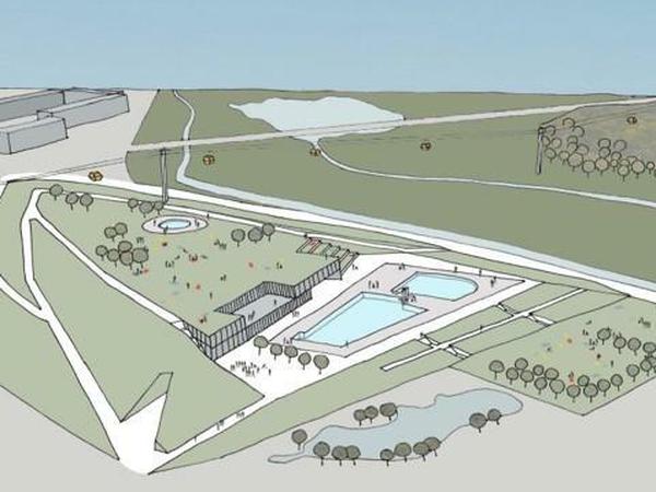 Ein Freibad im Friedenspark: Dank zwölf Metern Höhenunterschied kämen die Gebäude in den Hang.