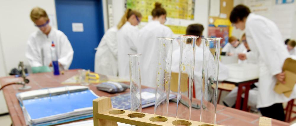 Zehntklässler im Chemieunterricht an einem Gymnasium in Baden-Württemberg. Im Vordergrund stehen Reagenzgläser in einem Gestell.