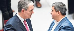 Beziehungskrise. SPD-Fraktionschef Raed Saleh (rechts) ist nach eigenen Worten „erschüttert“ über das Verhalten des CDU-Fraktionsvorsitzenden Burkard Dregger, der dem thüringischen FDP-Politiker Thomas Kemmerich nach dessen Wahl zum Ministerpräsidenten mit Stimmen der AfD gratulierte.